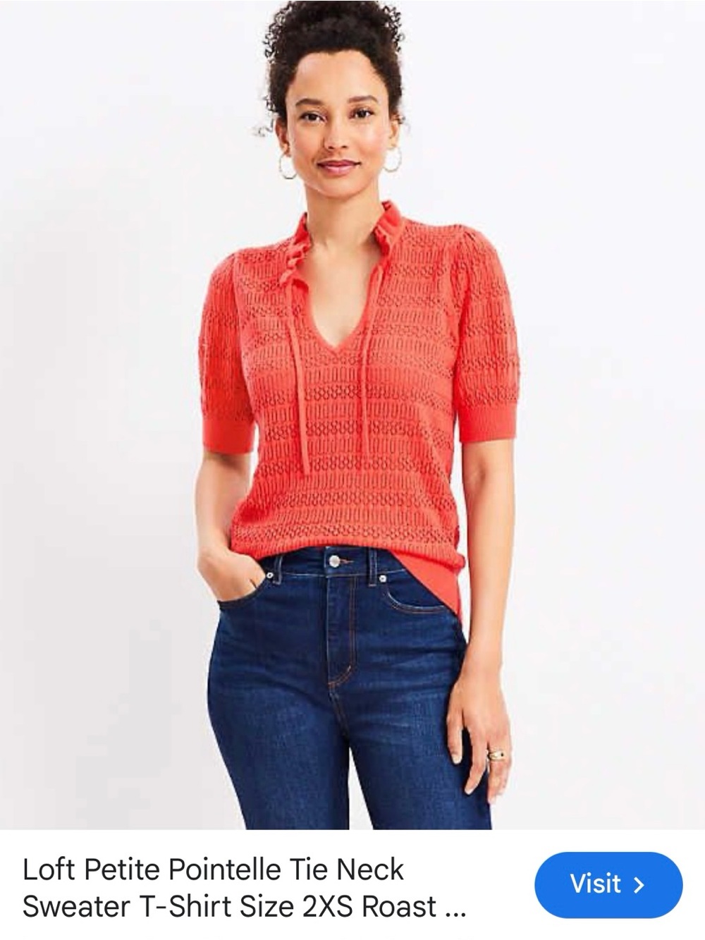 LOFT Roast Coral Pointelle Tie-Neck Sweater